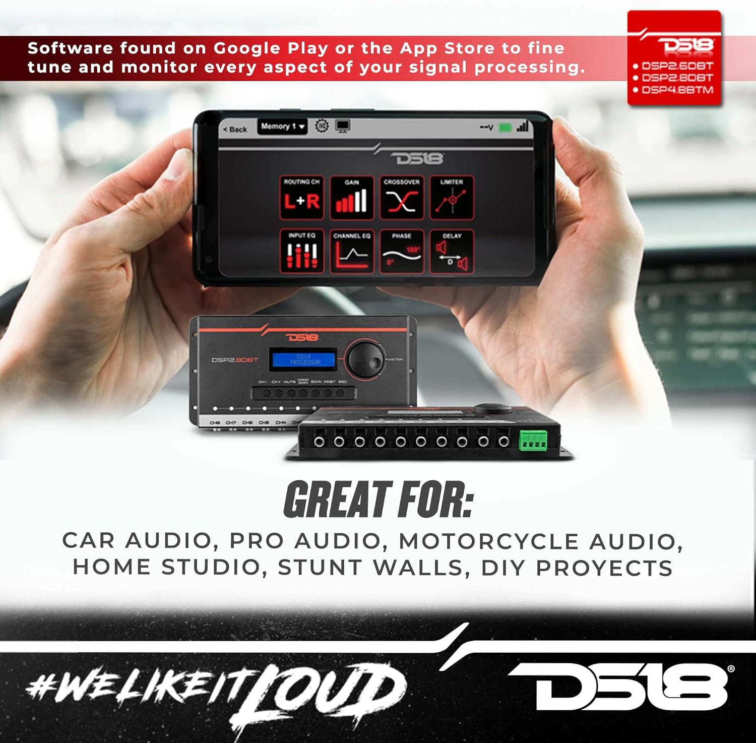 DS18 DSP2.8DBT 2-Channel in and 8-Channel Out Digital Sound Processor with Bluetooth and LCD Screen. Didactic and Intuitive Interface Through The App.