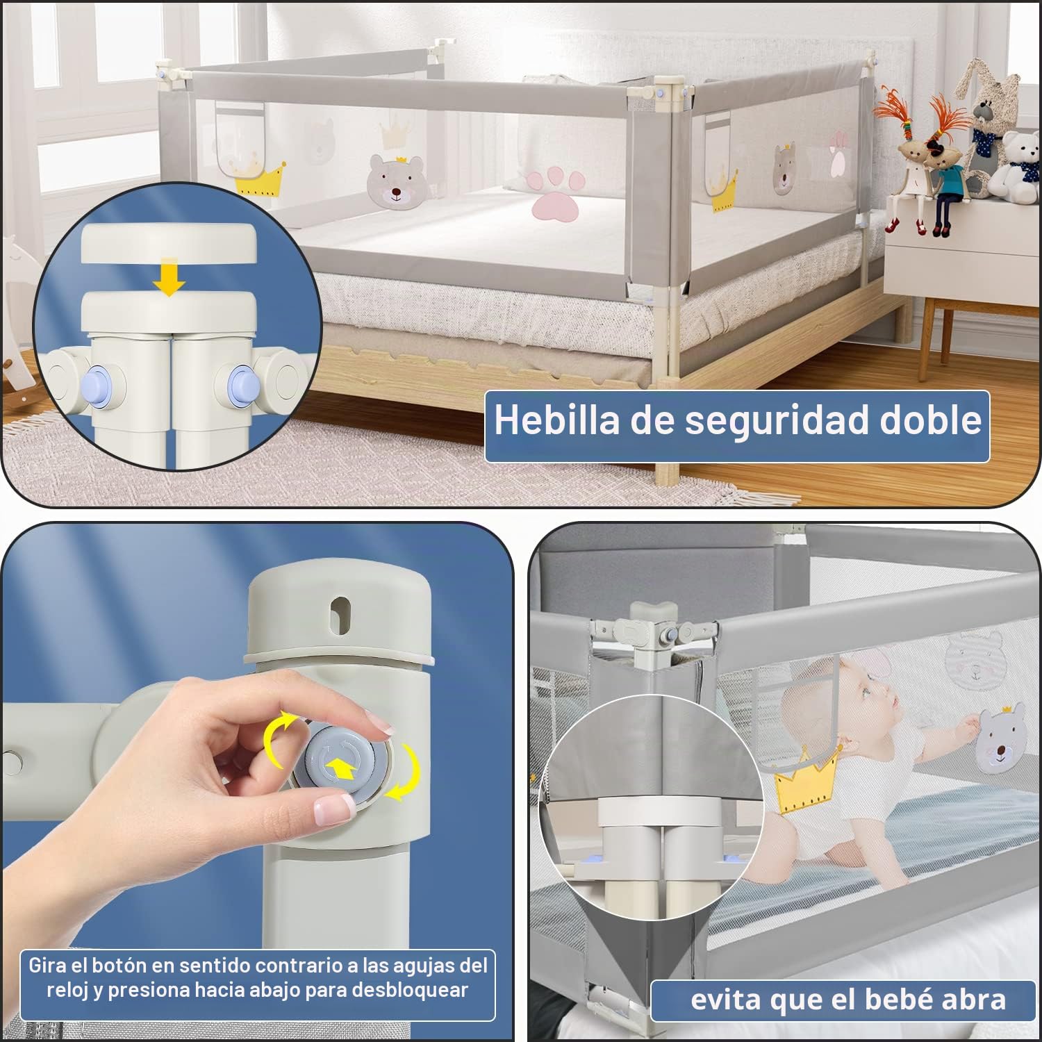 Ikodm Barrera de cama 2 x 200 cm y 1 x 180 cm, barrera de protección para la cama ajustable de 70 – 98 cm, protección contra caídas, barrera para cama infantil, barandilla para cuna de bebé, fácil de