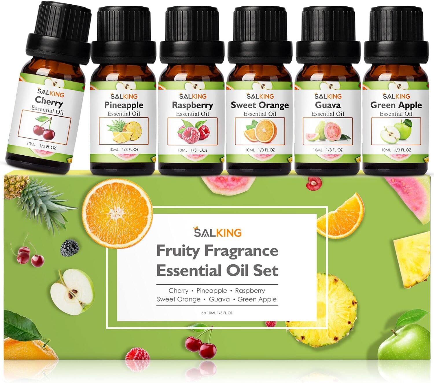 SALKING Fruity Essential Oils Set, 6 x 10ML Essential Oil Gift Set Fragrance Scented Oils for Diffuser Candle Making – Pineapple,Guava,Raspberry,Green Apple,Orange,Cherry SALKING Fruity Essential Oils Set, 6 x 10ML Essential Oil Gift Set Fragrance Scented Oils for Diffuser Candle Making – Pineapple,Guava,Raspberry,Green Apple,Orange,Cherry