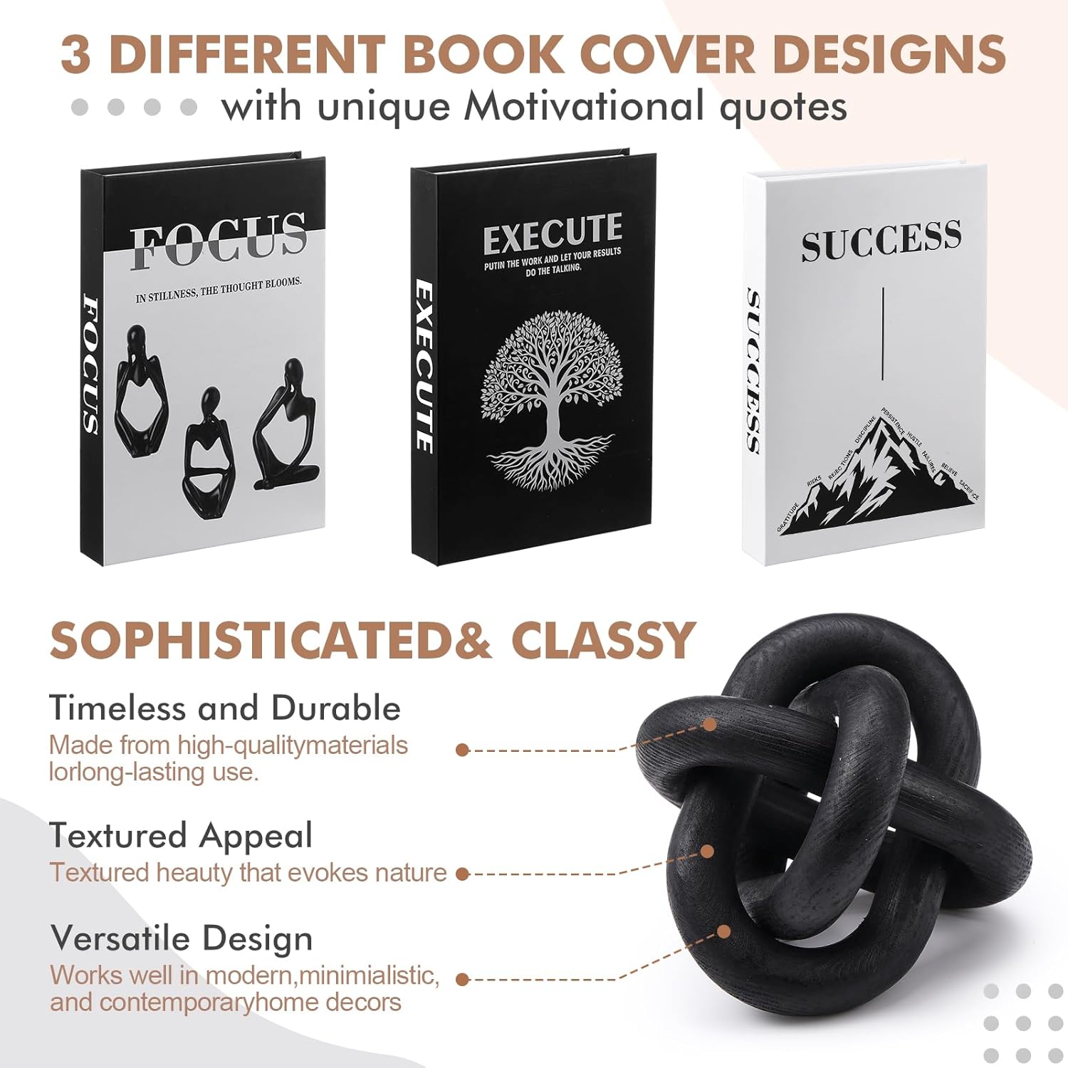Motivational Decorative Book and 3 Link Wood Knot Decor Set for Desk Decor Modern Home Office Shelf Aesthetic Black White Faux Fake Books for Decoration Minimalist Book Box for Coffee Table