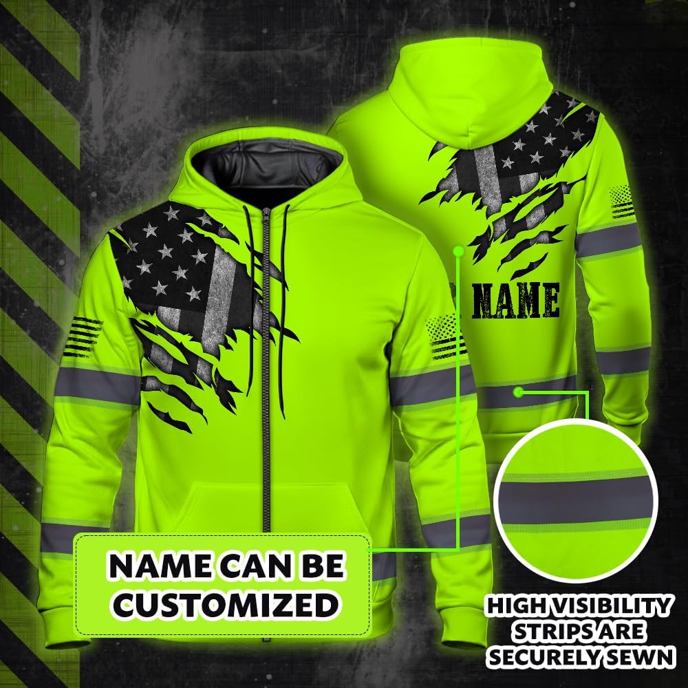 Maddly Hi Vis Reflective Zip Up Hoodie, Orange American Flag High Visibility Safety workwear hoodie for workers, Patriotic