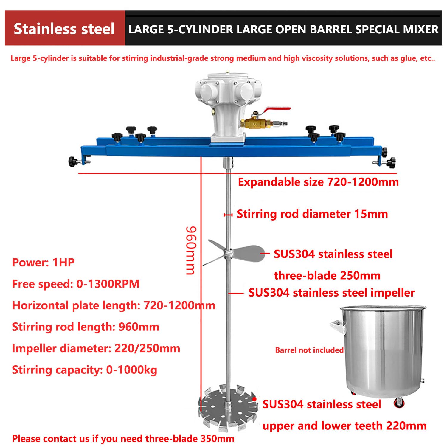 Mezclador neumático, acero inoxidable de 5 cilindros, barril abierto, ajustable 720-1200 mm con varilla agitadora de 960 mm e impulsor de 220/250 mm, diámetro de 15 mm para una mezcla eficiente