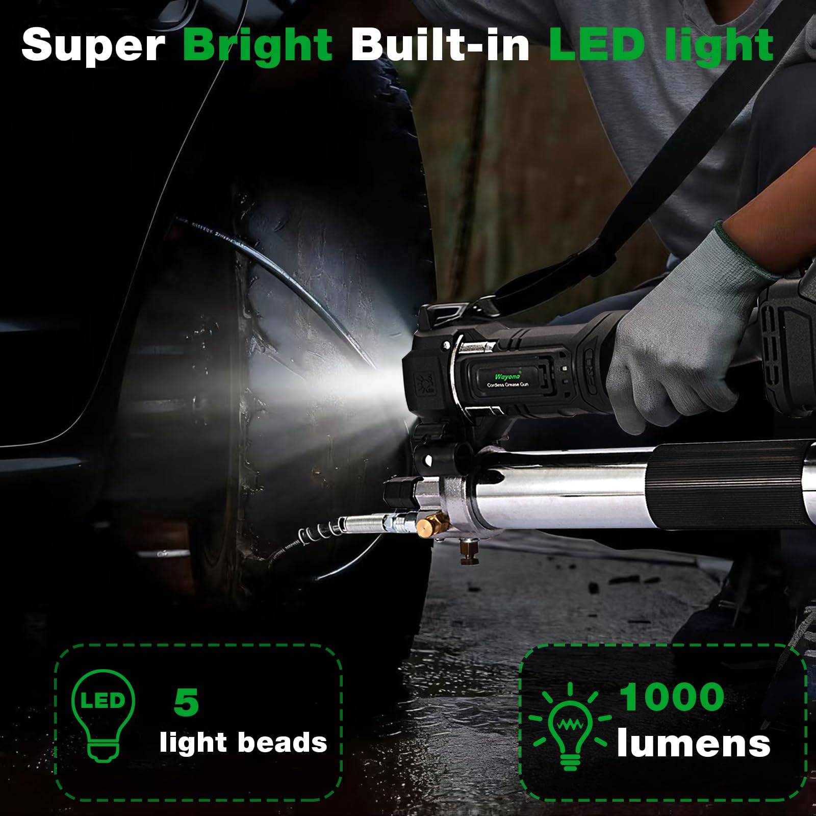 Wayona Pistola de grasa inalámbrica de 10000 psi, kit de pistola de grasa eléctrica con 2 baterías recargables, manguera flexible de 39.4 pulgadas, luz LED, cargador rápido, color negro
