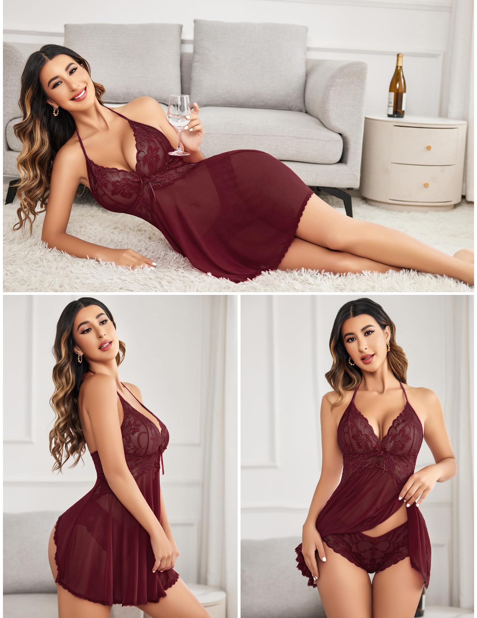 GXNRHG Lingerie pour Femmes Dentelle Nuisette Licou Chemise col en V Chemise de Nuit vêtements de Nuit Sexy Chemise de Nuit