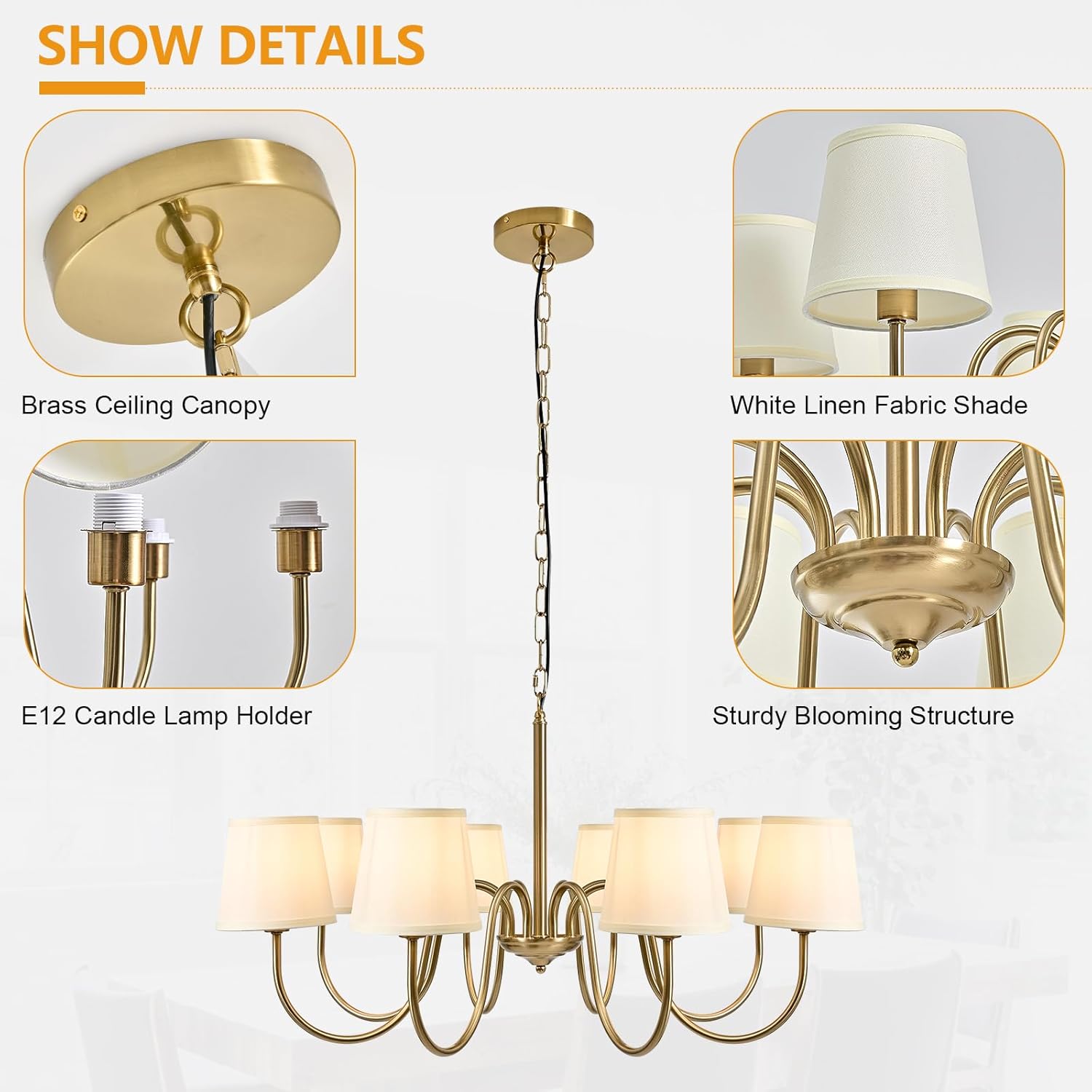 Brass Chandelier 8-Light Gold Pendant Light with Fabric Shades 34.65" Adjustable Metal Candle Ceiling Light Fixture for Dining Room Living Room Foyer Bedroom