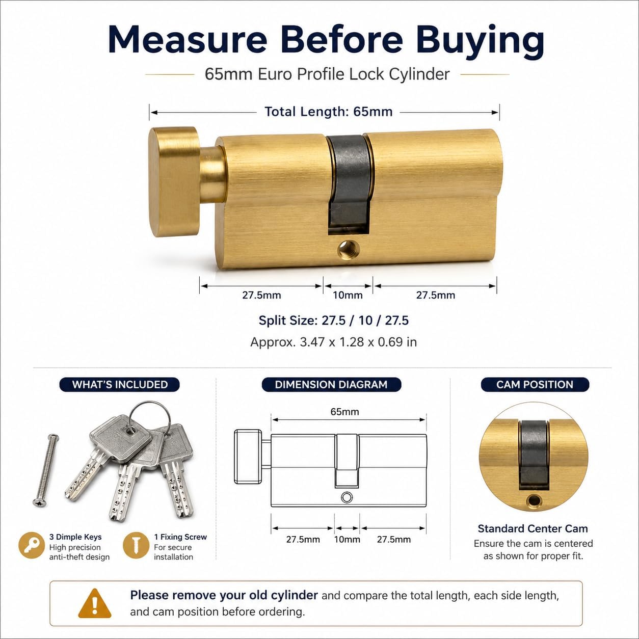 65mm Euro Profile Lock Cylinder with 3 Keys, 27.5/10/27.5 Single Open Brass Door Lock Cylinder, Anti-Rust Corrosion Resistant Anti-Theft Replacement Cylinder for Wood, Metal, Satin Brass