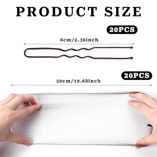 Miniatura 2 de Redes para el cabello para moños, 20 redes para moños, color marrón con 20 pinzas en forma de U para moños, juego de red para moños, malla elástica