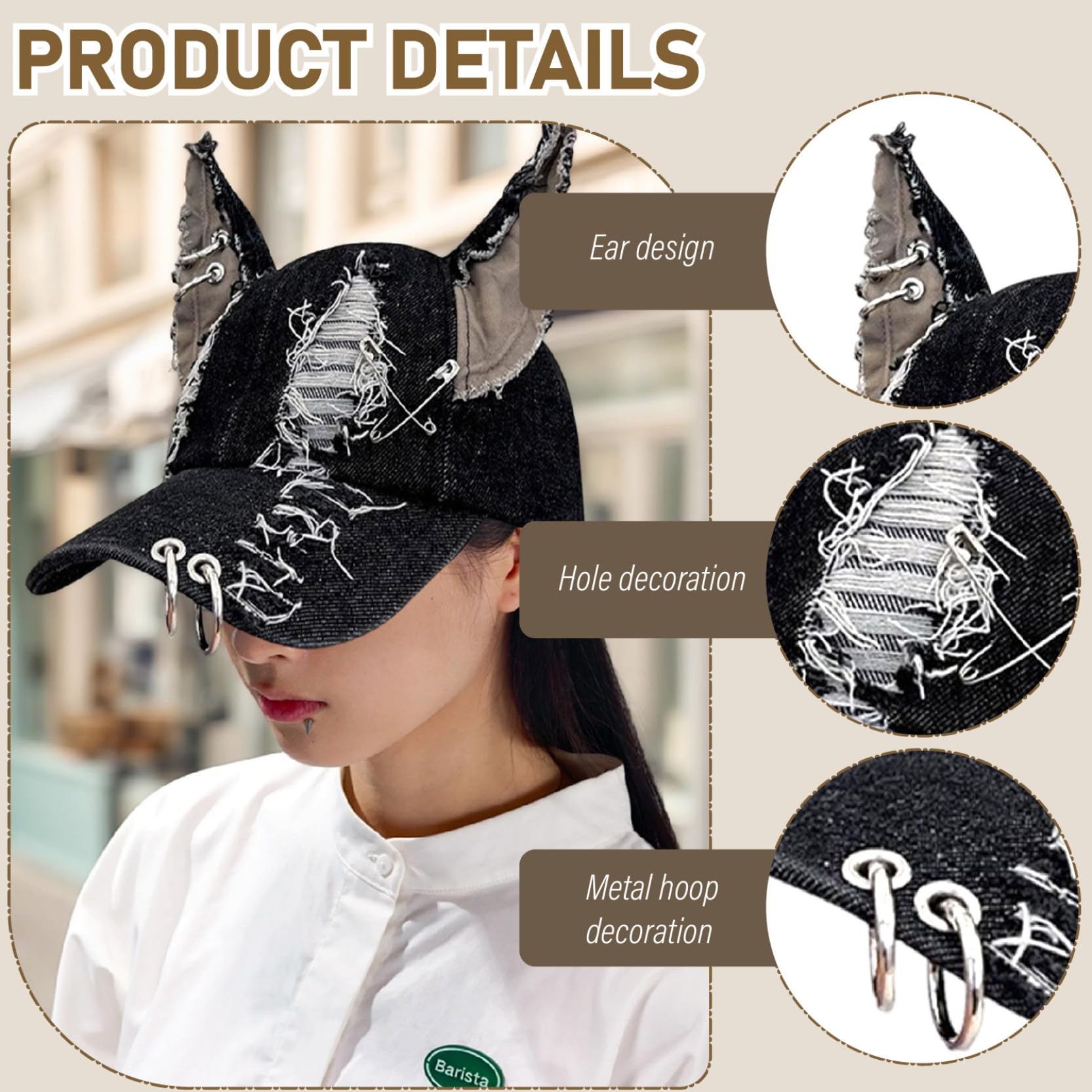 Chapeau à Oreilles De Chat Noir DéChiré Y2k Avec Cerceau En MéTal Casquette De Baseball EsthéTique Punk Grunge Protection Solaire Taille Unique Convient à La Plupart Des Casquettes De Baseball