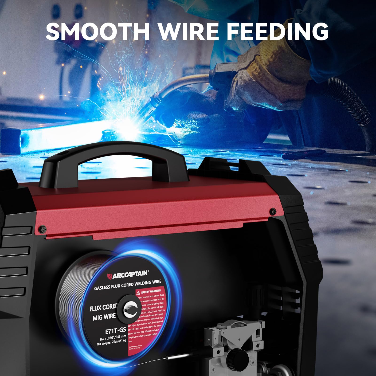 ARCCAPTAIN Filo di riempimento 0,8 mm 2KG E71T-GS MIG filo per saldatura per saldatrice senza gas MIG/MAG FLUX filo per saldatura con certificazione TÜV, bobina D100 con mandrino da 20 mm, confezione