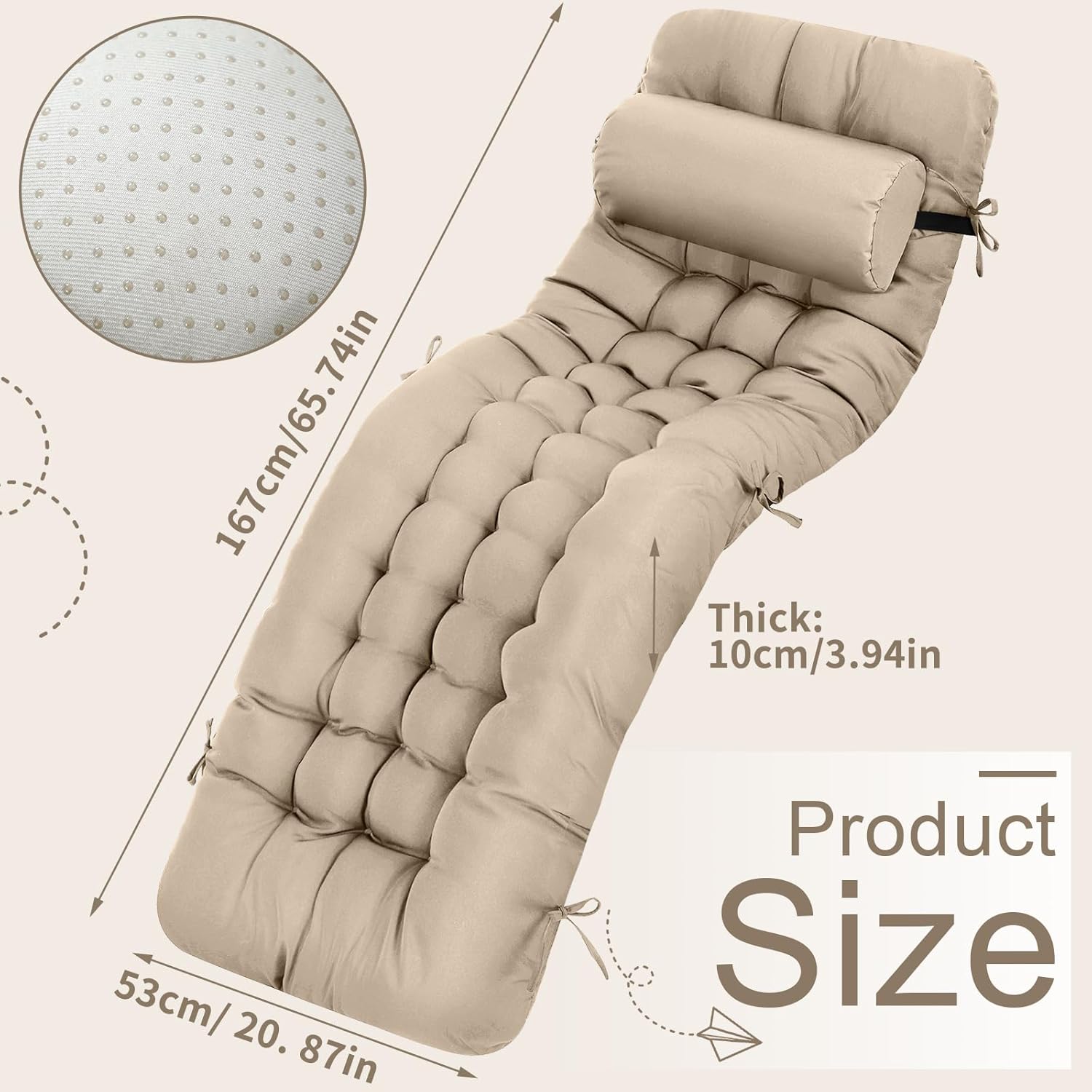 tudomro 66'' outdoor chaise lounge cushion waterproof patio pool chaise lounge cushion with headrest pillow tie fade resistant replacement longue rocking high back chair(light camel,2 pcs) 2 light camel
