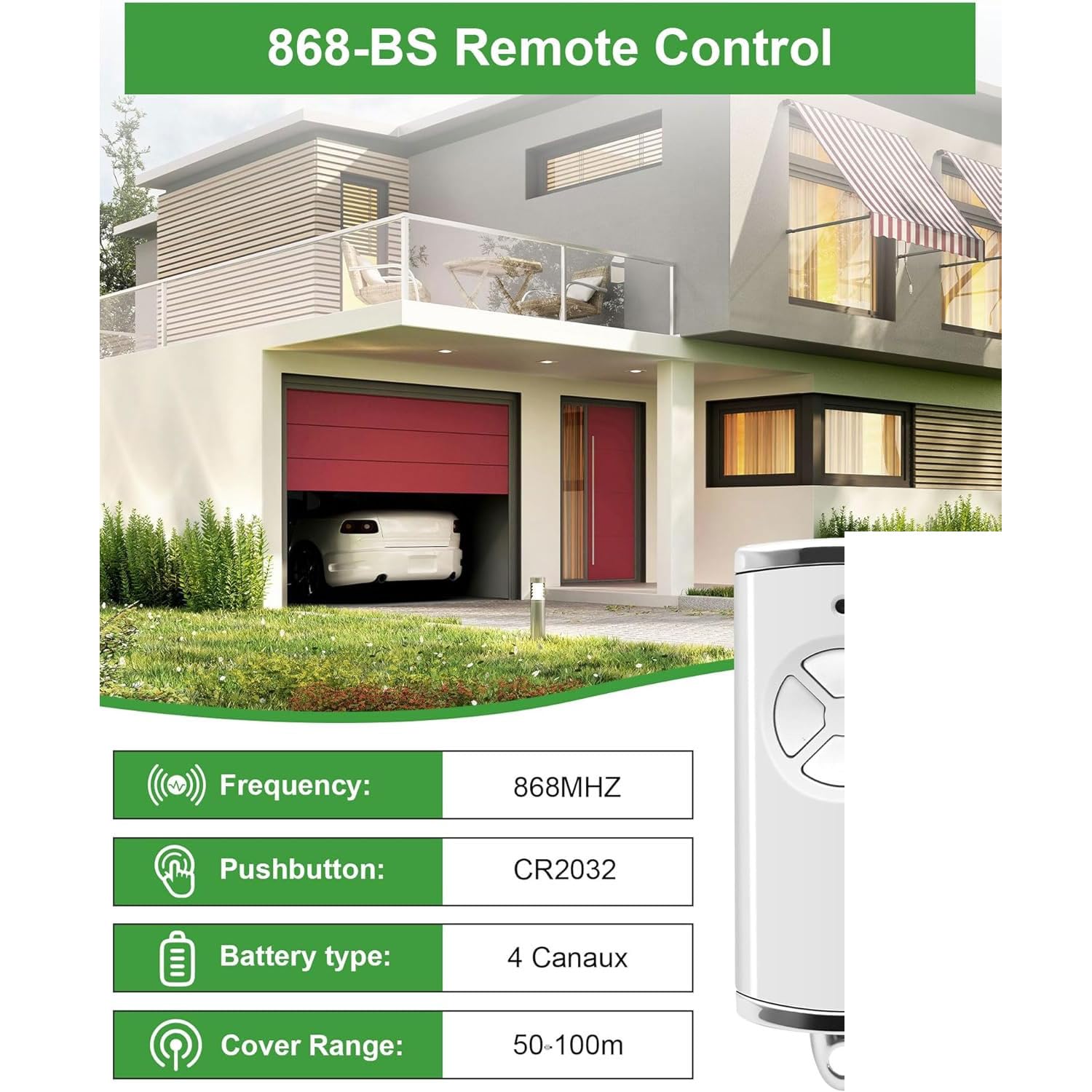 Kompatibel mit HSE2-868-BS, HSE-4-868-BS, HS1-868-BS, HS4-868-BS, HSS4-868-BS, HSP4-868-BS, 868MHz Garagenöffner Fernbedienung, BS Handsender 4 Kanäle Garagentor Ersatz-Fernbedienung (2pcs)