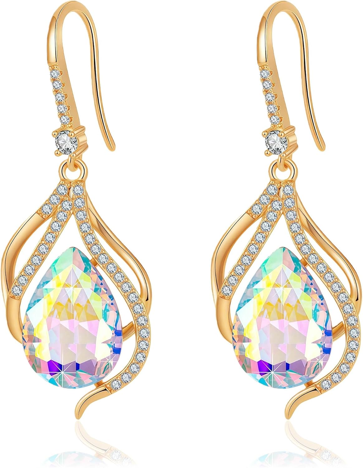 Austrian Crystal Hollow Teardrop Halo Drop Twisted Dangle Earrings for Women 14K Rose Gold Plated Hypoallergenic Jewelry