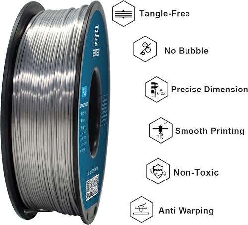 GEEETECH Filament PLA Silk 1.75mm,PLA Soie pour Imprimante 3D,Précision dimensionnelle +/- 0,02 mm,Soie Argent - 3