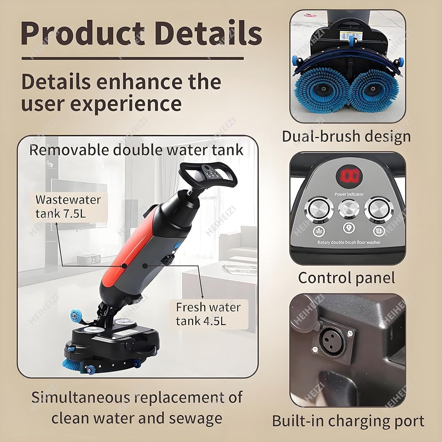 Professional Floor Buffer & Scrubber, 17 inch (43cm) Cordless, Double Brush Disc, 1 Gallon Clean Tank, 1.7 Gallon Waste Tank, 360 RPM Motor - Lightweight Commercial Polisher for Hard Floors Gray