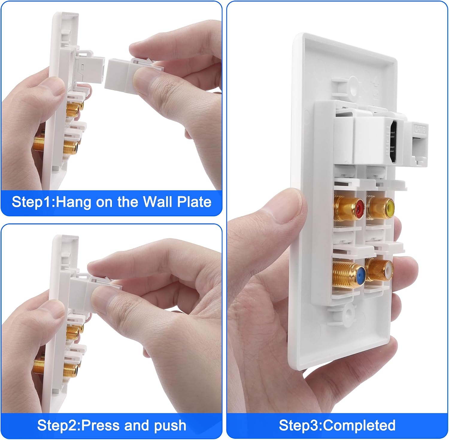 MEIRIYFA HDMI RCA 6 Port Keystone Wall Plate HDMI Coax CAT6 Ethernet RCA Ethernet Wall Outlet Plate Panel 3 RCA +1 Cat6+1 Coax Cable TV F Type Port+1 HDMI Female to Female Insert Wall Plates -White