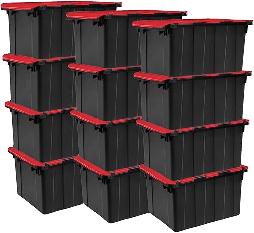 Sterilite Bolsa industrial con tapa con bisagras de 12 galones45 litros, tapa roja (paquete de 12)