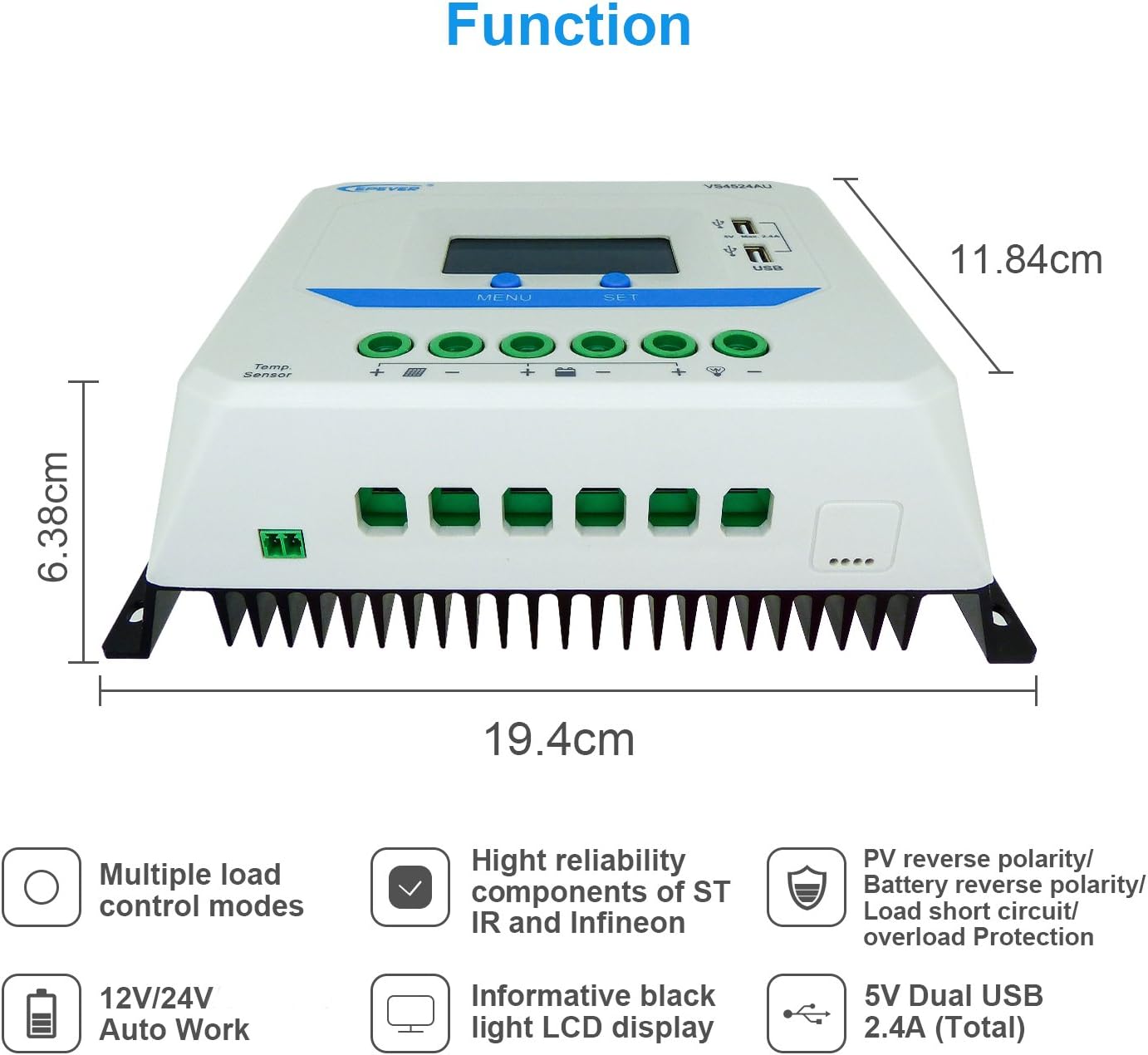 EPEVER VS4524AU Solar Charge Controller Dimensions and Features
