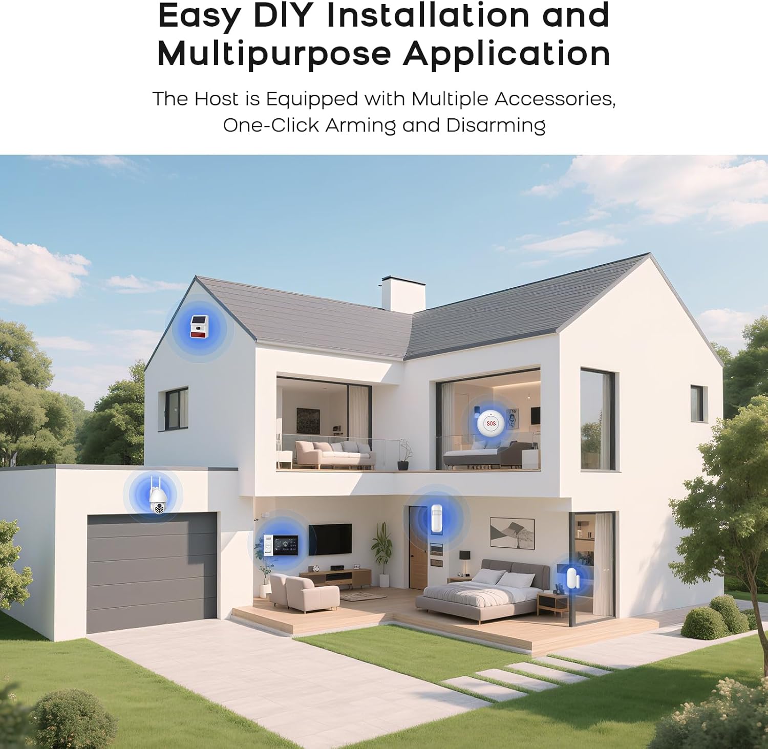 Diagram showing various alarm system components installed in a house