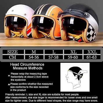 Vintage Motorcycle Helmet, Open Face Helmet for Men Women, Retro 3/4 Half Face Motorbike Crash Helmet with Sun Visor, Scooter Cruiser Moped Jet Helmet, ECE/DOT Approved 54-63CM