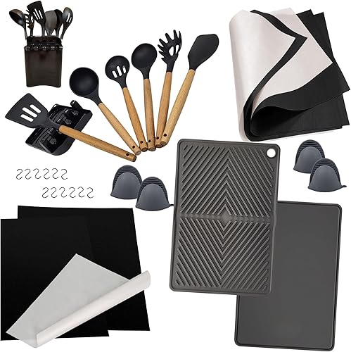 Juego completo de utensilios de cocina Utensilios de silicona y madera, soporte para cucharas, soporte para utensilios, alfombrillas antiadherentes
