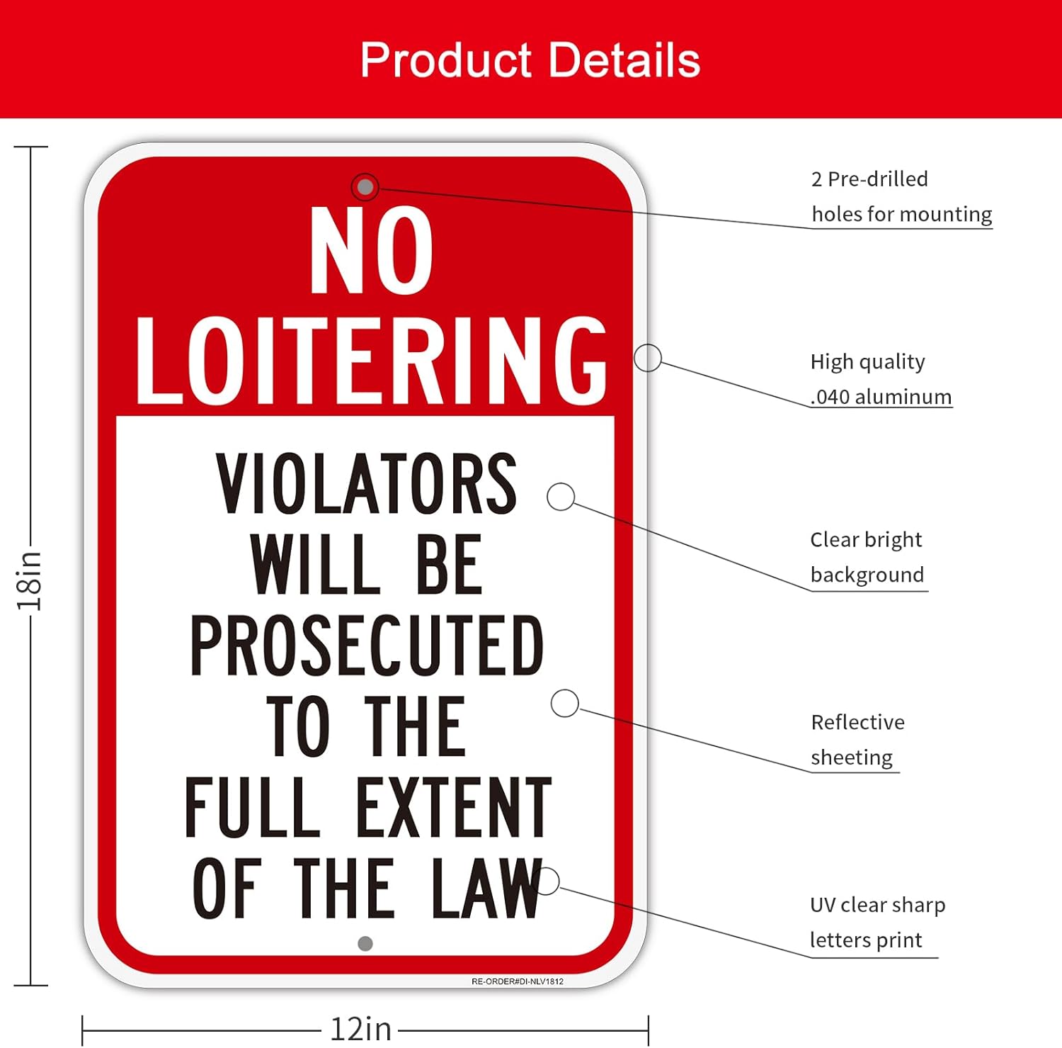 No Loitering Sign-2 Pack, Large 12" x 18" Aluminum No Loitering Violators Will Be Prosecuted Sign for Business, Rust Free, Weather Resistant, Waterproof, Fade Resistant, Easy to Install, Indoor/Outdoor