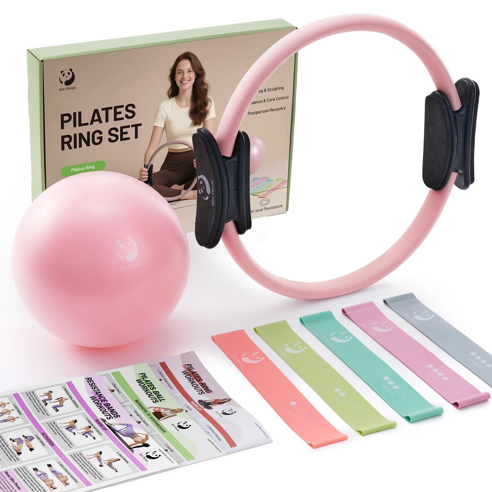 Slim Panda Pilates Ring Set, 14 Inch Durable Circle with Padded Handles, Include Pilates Ball, Resistance Bands, Guide & Carry Bag