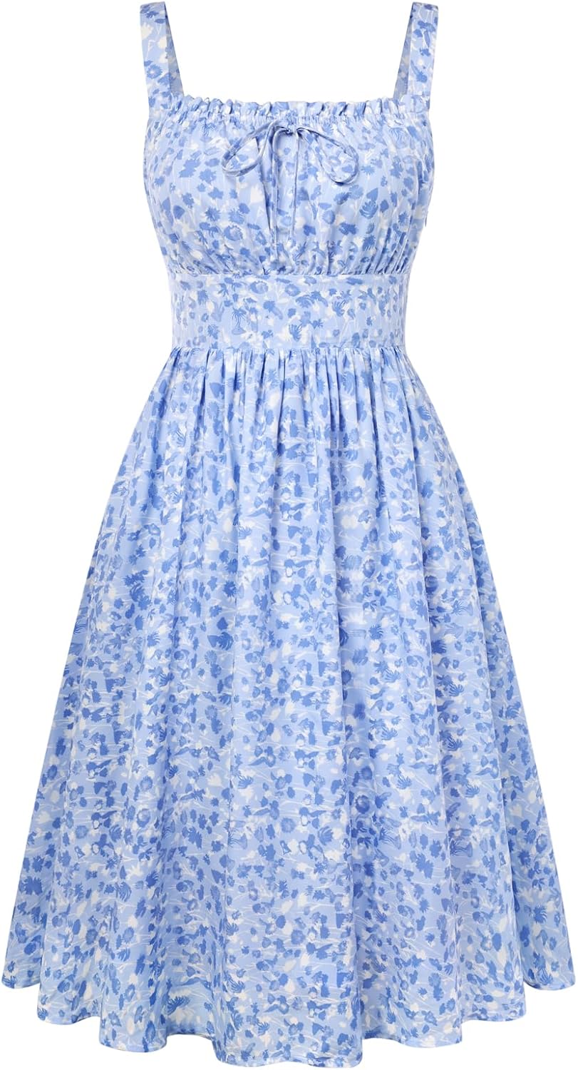 Belle Poque 2026 Summer Floral Dress for Women Midi A Line Sundress Cute Milkmaid Dress with Pockets