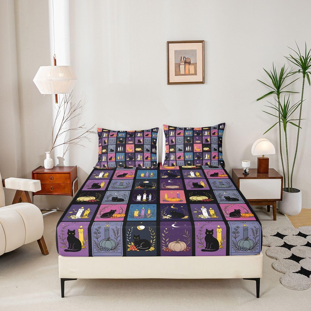 Castle Fairy Grid Black Cat Fitted Sheet Twin Size Vintage Tarot Card Bedding Set 2Pcs Candle Moon Boho Bed Sheet for Kids Boys Girls Teens Room Decor Purple Black,Deep Pocket Sheet(No Flat)