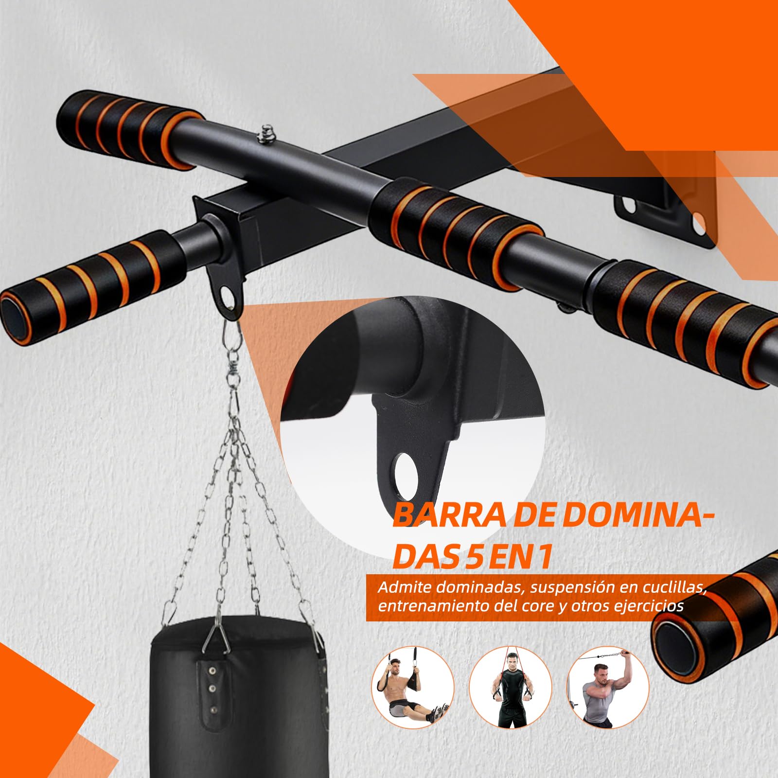 Barra dominadas 5-en-1 pared 250kg – 6 agarres antideslizantes
