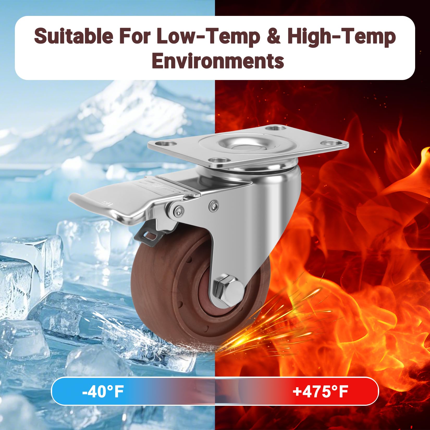 75mm Rotelle Resistenti alle alte Temperature Portata 540KG, 360° Ruote per Mobili con Freno, Ruote Girevoli per Carichi Pesanti per Griglia da Forno, Carrello Barbecue, Set di 4