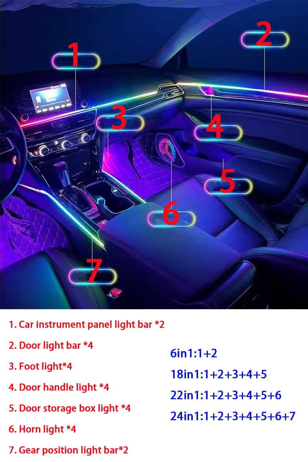 Luci ambientali per interni auto, 6 in 1, 18 in 1, 18 in 1, striscia LED in fibra ottica acrilica, modalità universali decorazione atmosfera con ritmo di sincronizzazione musicale, controllo app