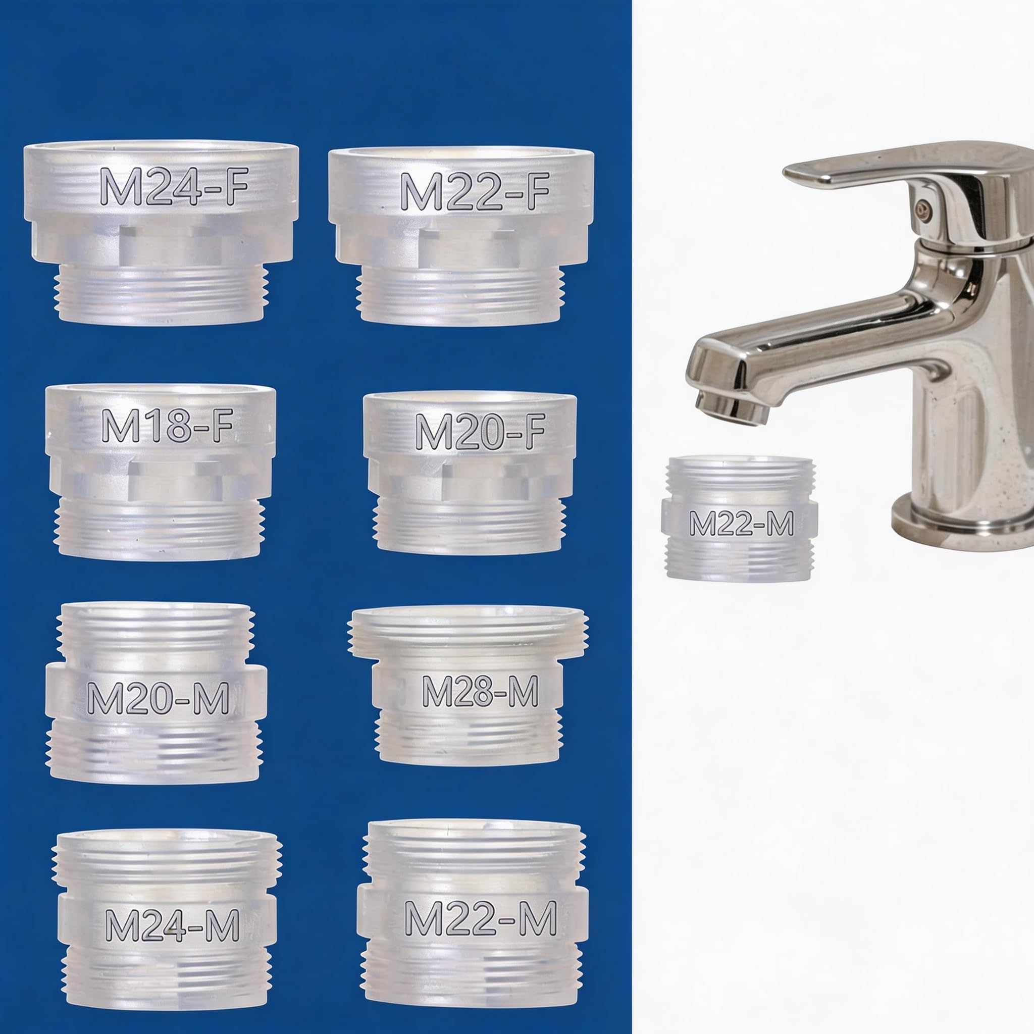 Tap Adapter Set 8pcs – Convert Your Tap to M22 Connection – Fits Water Filters & Aerators – Includes M18, M20, M22, M24, M28 Sizes – Durable BPA-Free ABS