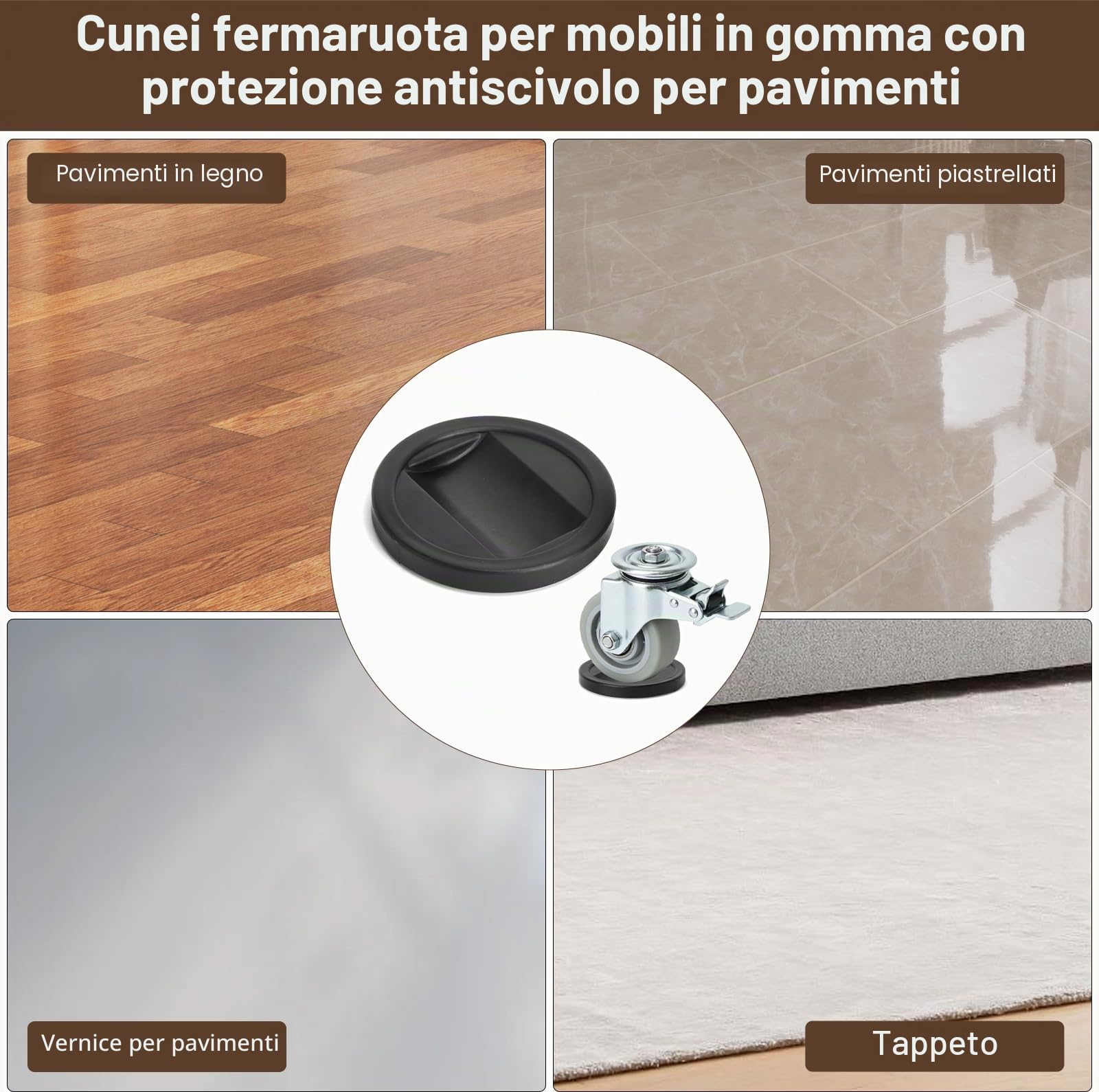 Coppe per ruote mobili, 6 pezzi anti-scivolo, per pavimenti in legno, mantengono tazza sicura con tappi gomma universali nero