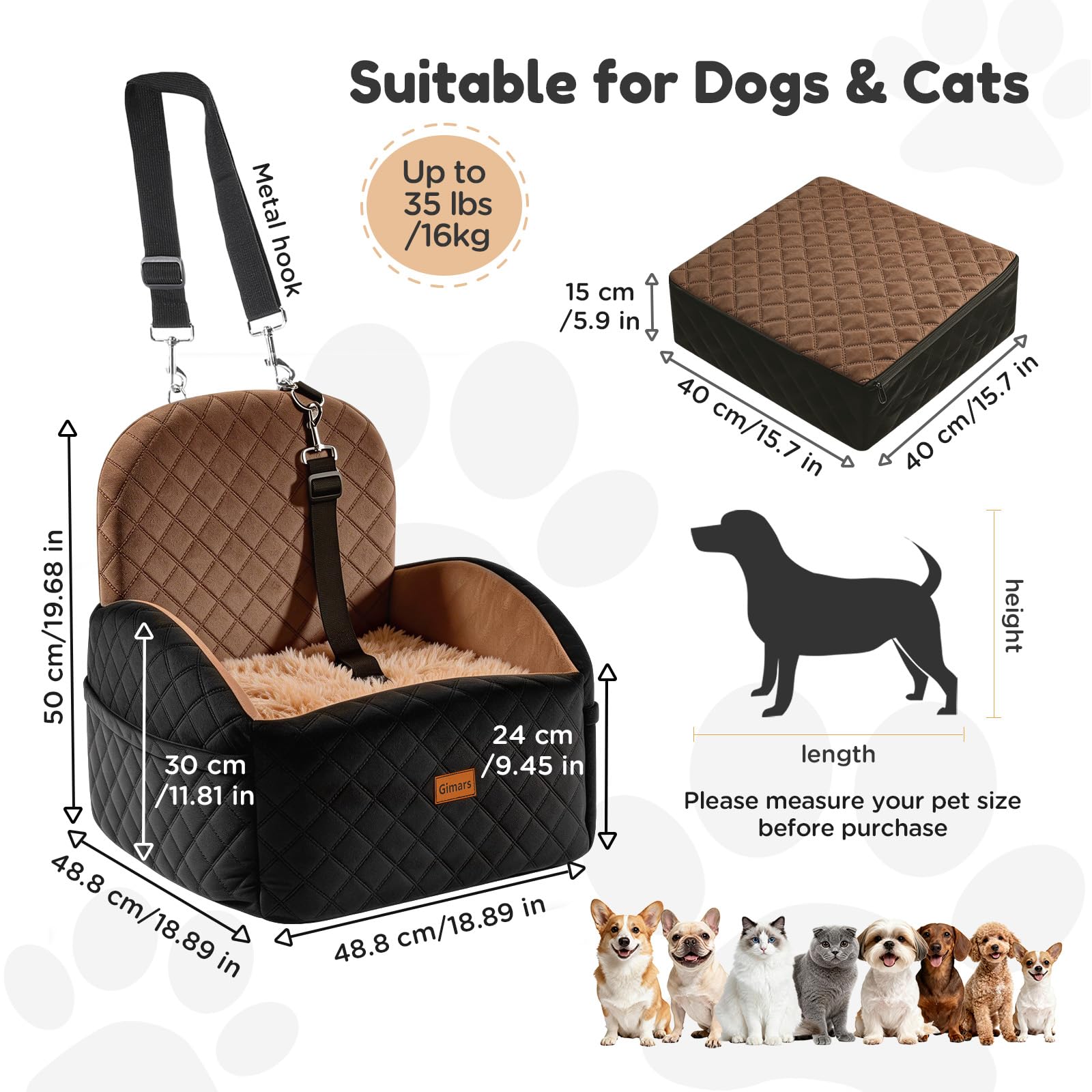 Gimars Réversible Siège Auto Chien Long & Court Peluche pour Petits/Moyens Chiens Jusqu'à 16kg, Amovible Lavable, Antidérapant, Panier Chien Voiture avec Mousse 28D 15cm, Ceinture De Sécurité, S-Brun