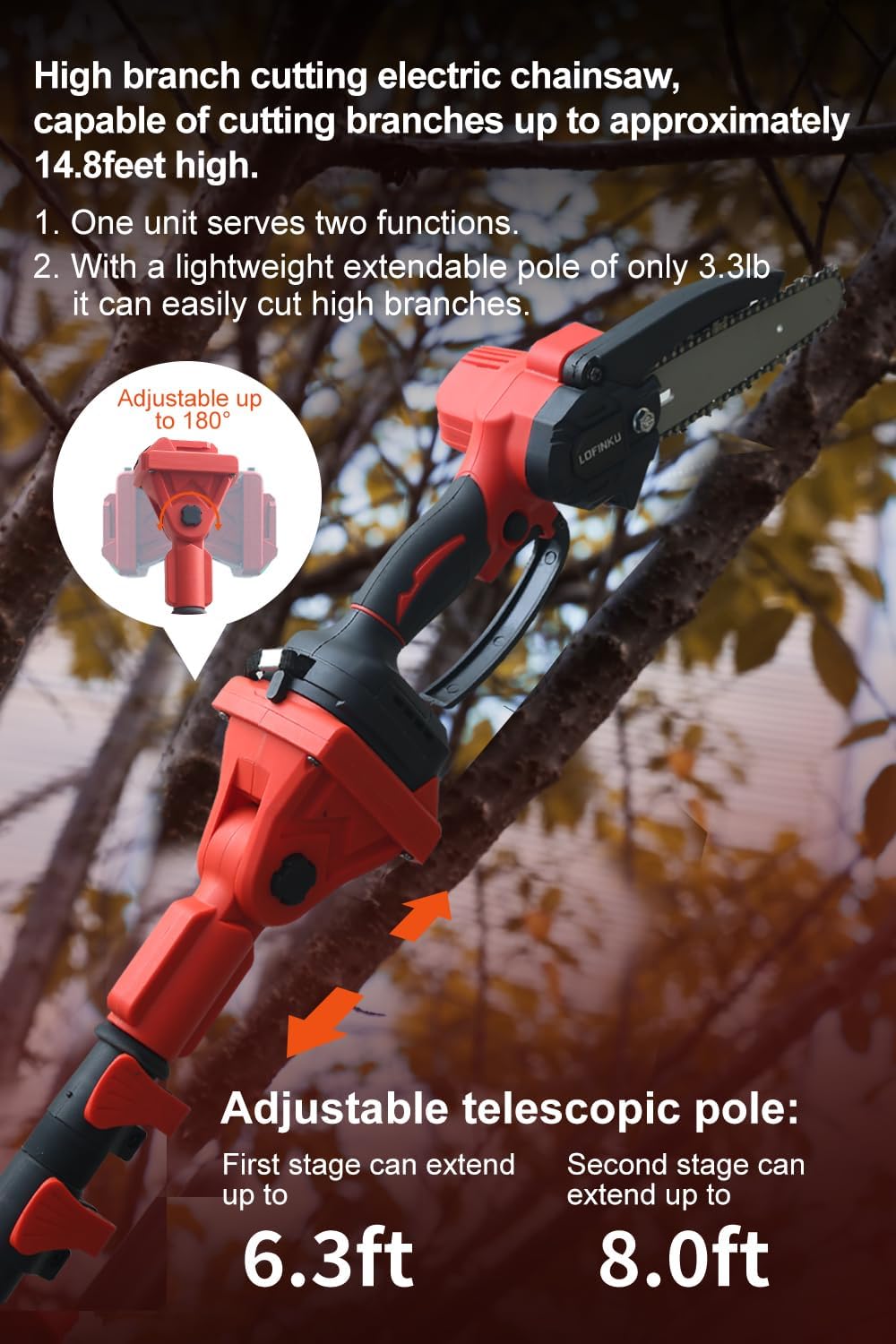 2-in-1 cordless pole saw & mini chainsaw for tree trimming & yard work,2 large capacity batteries, adjustable 1.94–2.45m pole, lightweight pure copper motor, ideal for homeowners & gardeners, red