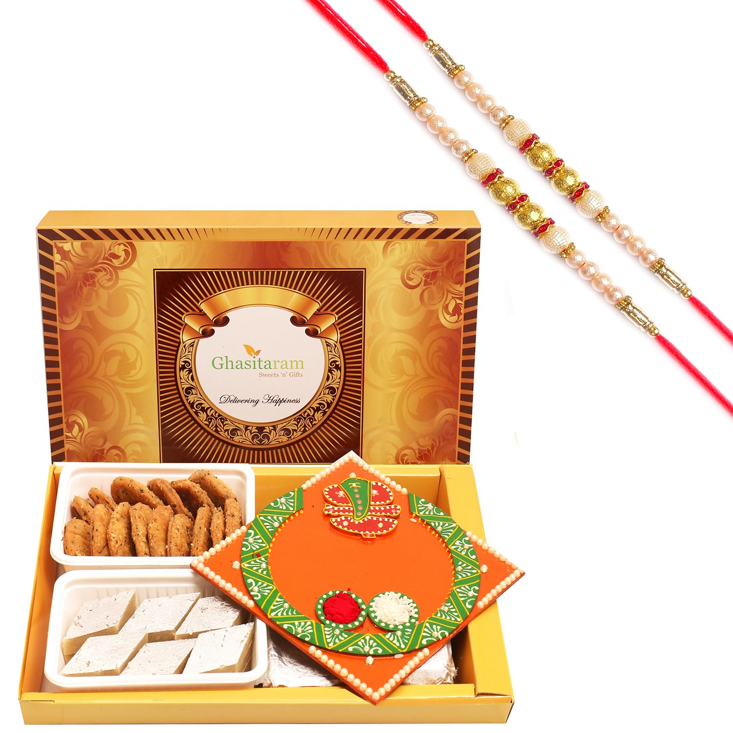 Ghasitaram Gifts Rakhi Gifts for Brothers Rakhi Sweets - Big Box of Kaju Katli, Mysore Pak, Dodha Barfi and Milk Cake with Pearl Beads Rakhi