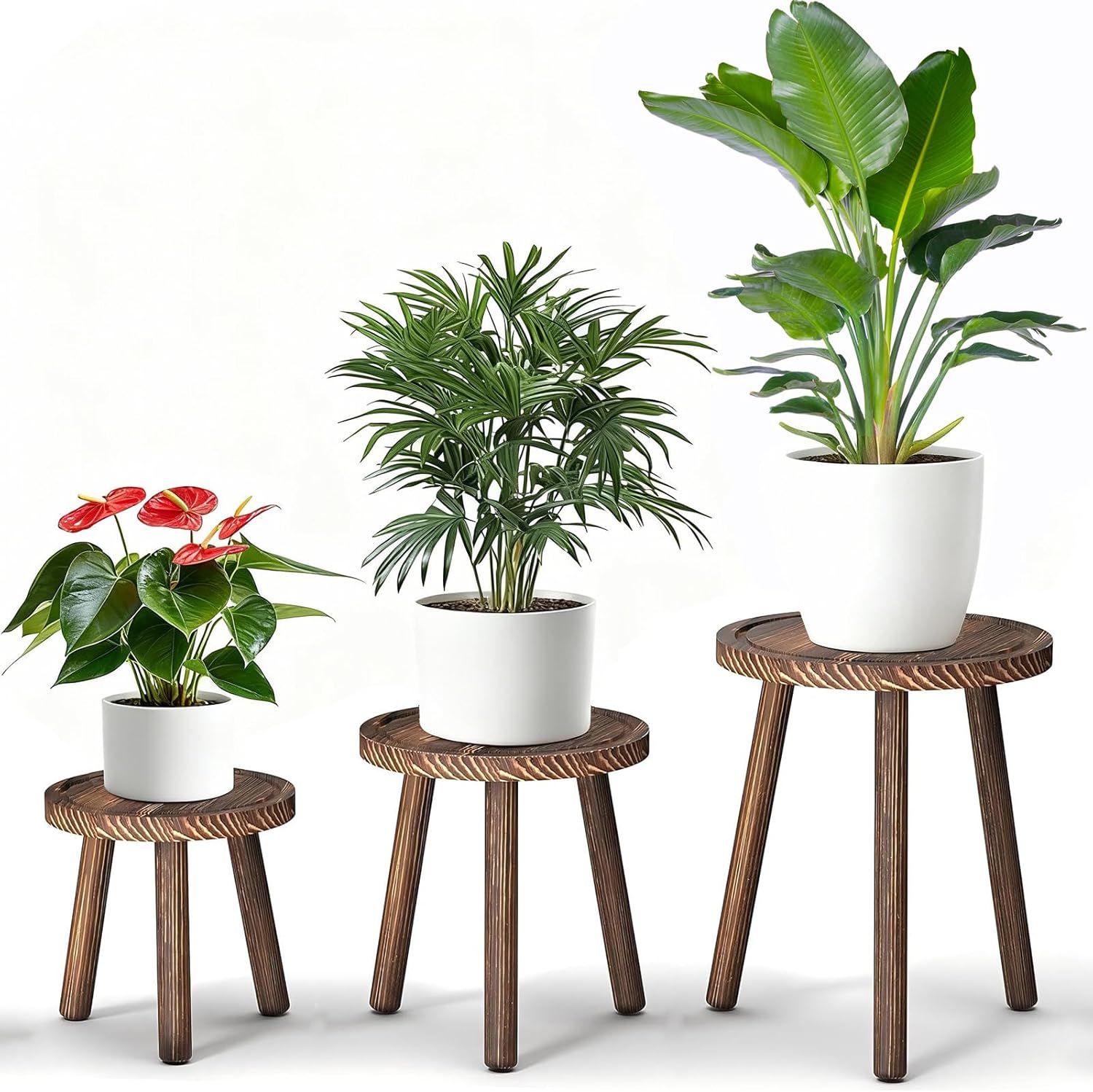 3 Pack Plant Stand Indoor Outdoor Mid-Century Modern Plant Stool Wooden Plant Pot Holder Home Decor for Gardening Living Room,Balcony,Office (Heavy Burnt Color, 3 Pack)