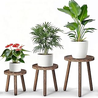 YUZUKYAUY 3 Pack Plant Stand Indoor Outdoor Mid-Century Modern Plant Stool Wooden Plant Pot Holder Home Decor for Gardening Living Room,Balcony,Office (Heavy Burnt Color, 3 Pack)