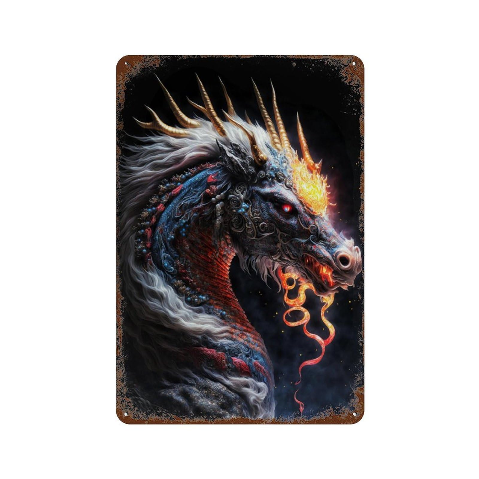 Rust Effect Fantasy Dragon Artwork-18 Aged Metal Wall Plaque 11.8"x7.9", Shabby Chic Decor for Living Room, Hallway And Home Decor