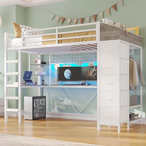 VIAGDO Loft Bed Twin Size with Hall Tree, Charging Station and LED Lights, Twin Loft Bed with L-Shaped Desk, 5 Storage Drawers, Heavy Duty Twin Size Bed with Stairs, No Box Spring Needed, White