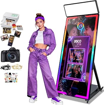 Magic Mirror Photo Booth with Camera and Printer, Selfie 65 Mirror Photo Booth with 32 Interactive Touch Screen, Built-in Mini PC for Event Rental Bussiness Black+Camera+Printer, 65-32in