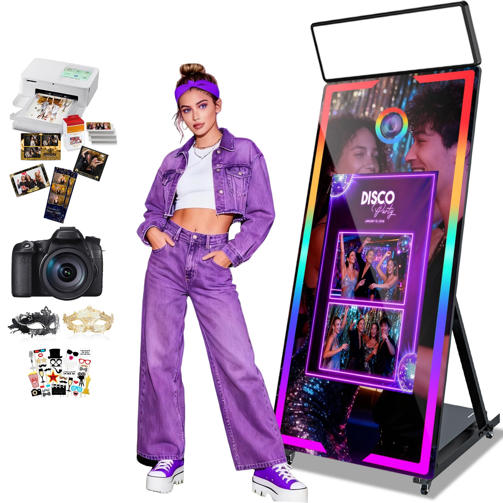 Magic Mirror Photo Booth with Camera and Printer 65'' Mirror Photo Booth with 32'' Interactive Touch Screen Built-in Mini PC with Instant Print Rental Wedding Party (Black+Camera+Printer, 65-32in)