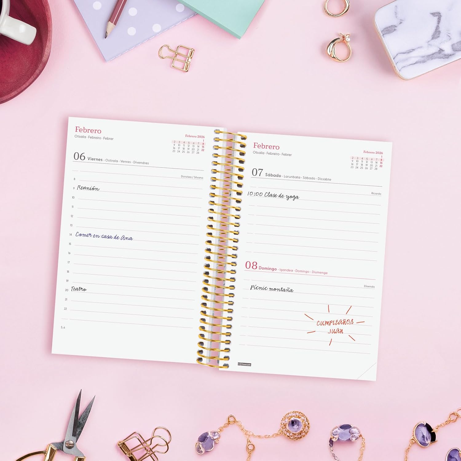Finocam - Spiral Agenda 2026 1 Day Page | January - December (12 months) | 2026 Yearly Agenda with Rubber | Polypropylene Cover Spiral Design Collection - Goldy - English