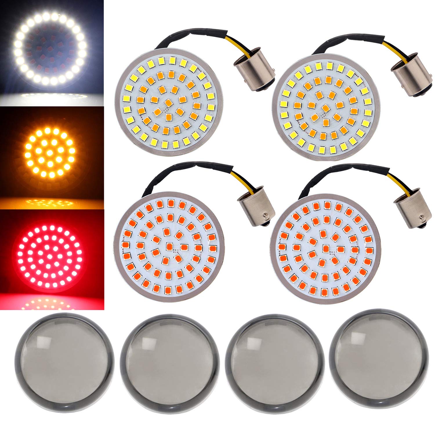 Pair 1157 White/Amber+ Pair 1156 Red LED Turn Signal Light Inserts+ 2 Pairs Smoke Lens Covers Set for Harley Sportster Dyna Softail