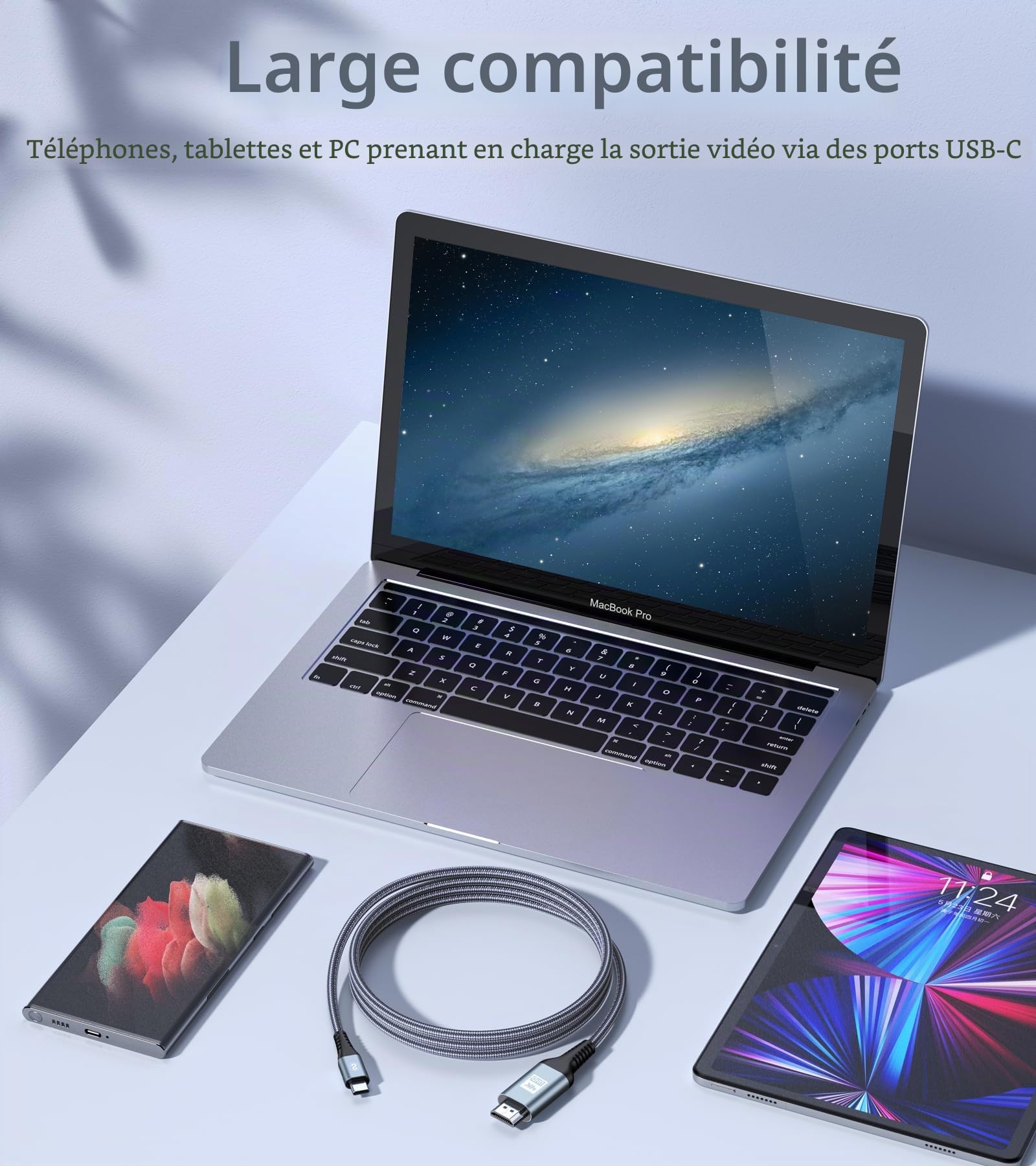 4K Câble USB C vers HDMI 3M, Câble USB type C vers HDMI,Thunderbolt 3/4/5 Compatible avec i Phone 17 16 15 Pro/Max,Galaxy S26/S25/S24/S23/S22/S21/S20,MacBook/Air,iPad Air,iPad Pro,iMac,XPS