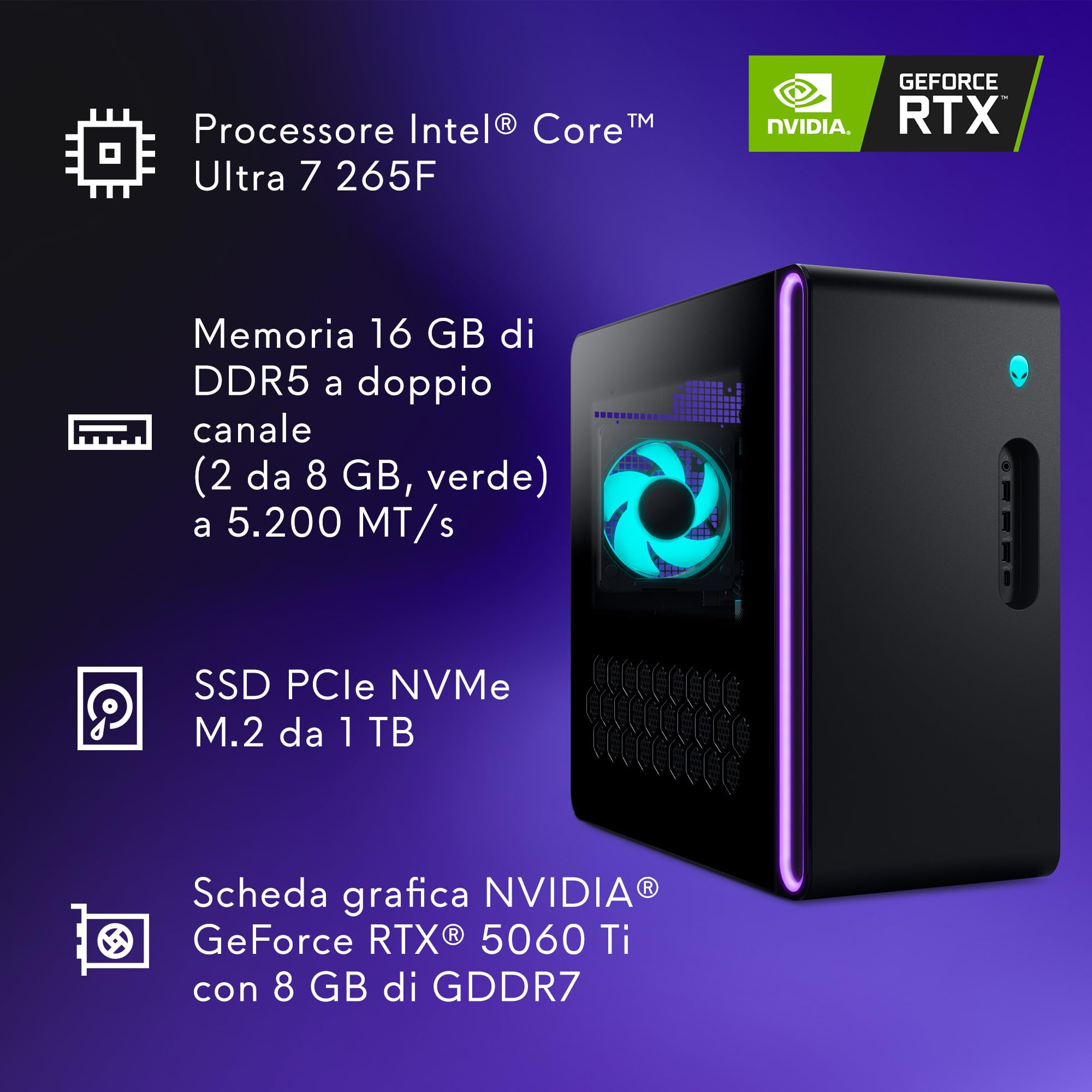 Alienware Aurora Gaming Desktop Intel Core Ultra 7 265KF RTX 5070 32GB RAM 1TB SSD Raffreddamento a Liquido 1000W Win 11 Home
