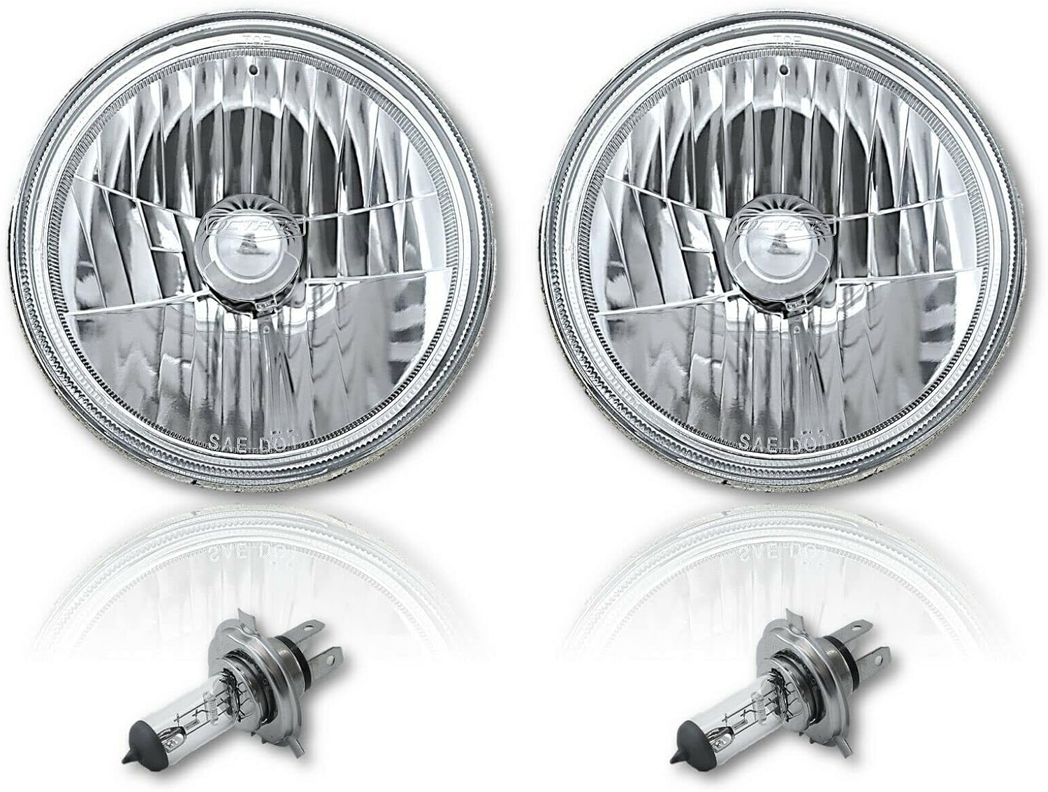 Octane Lighting 7 Inch Halogen 6V Headlight Diamond Cut Crystal Clear Headlamp Bulbs H4 6 Volt Pair