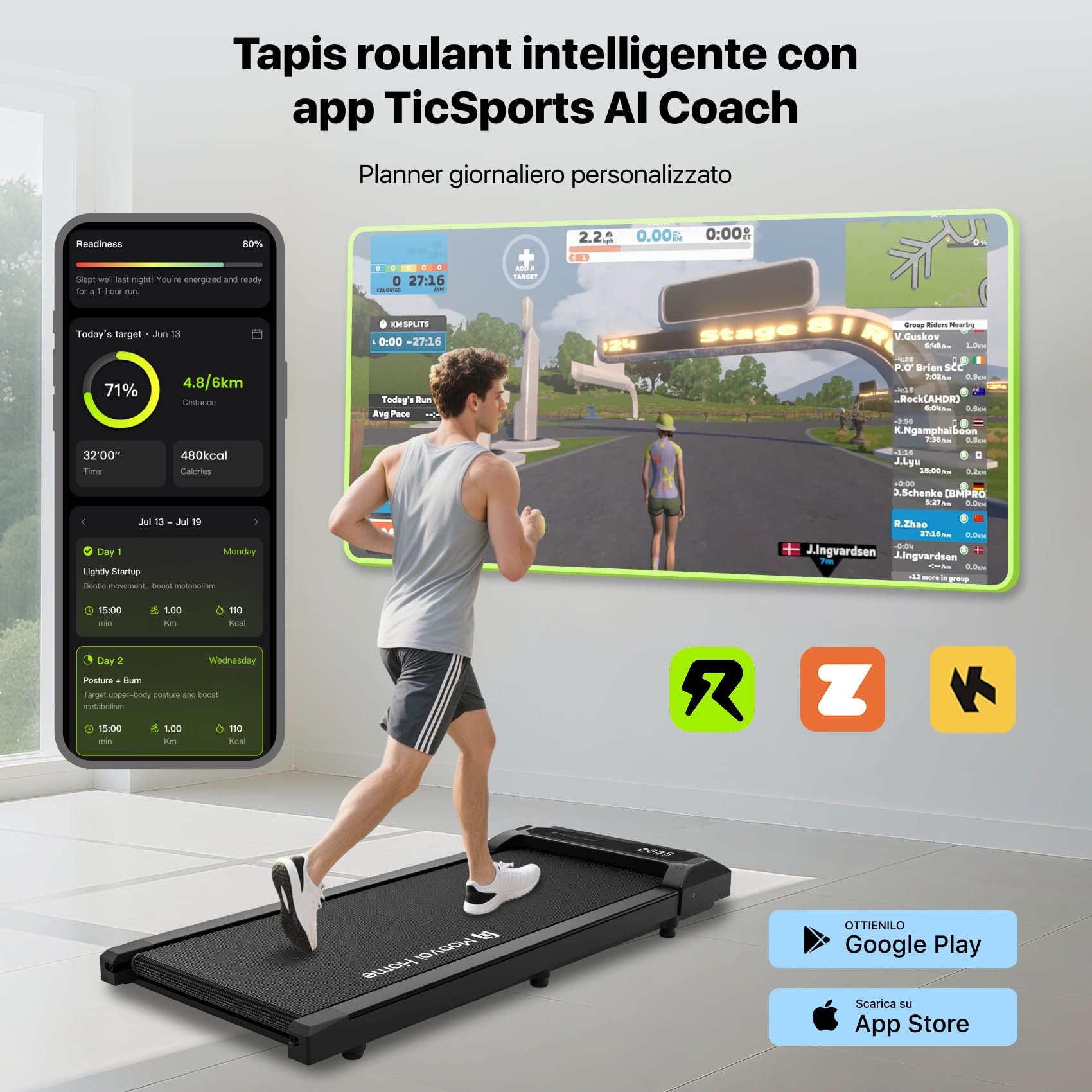 Mobvoi Walking Pad Tapis roulant AI Intelligente sotto la scrivania portatile 2 in 1 per casa e ufficio Camminata Jogging Macchina da corsa TicSports Zwift Kinomap 6 km/h Facile da riporre 120kg