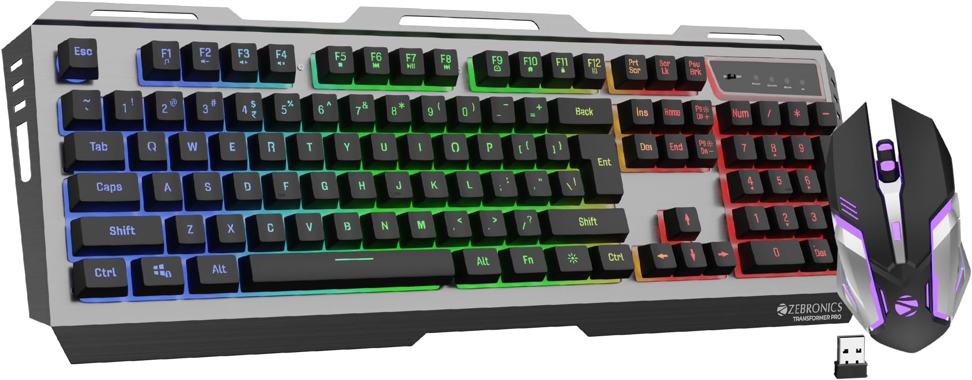 ZEBRONICS Transformer PRO Gaming Wireless Keyboard & Mouse Combo with 2.4GHz, Aluminum Body, Built in Battery, Multicolor LED Modes, Type C, Double Shot Keycaps, up to 4000 DPI