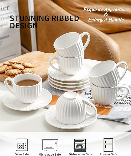 Miniatura 4 de Hasense Juego de 6 tazas de café expreso de 4 onzas con platillos, tazas de capuchino acanaladas de cerámica para café, expreso, doble shot, latte y